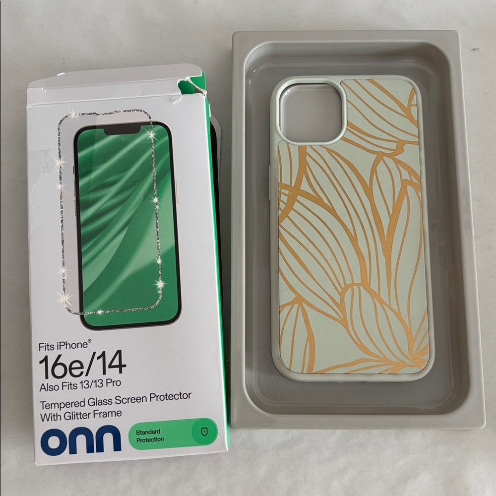 Heyday iPhone 13 phone case sage botanical green gold glitter screen protector